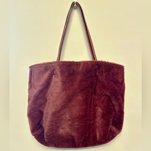 Large Burgundy Faux Fur Handbag w/ PomPom Attachments & Small Bag - Picture 8 of 9